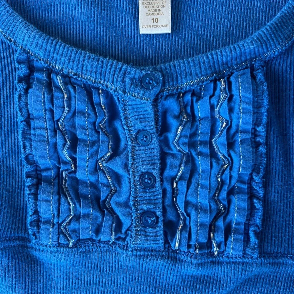 Y2K Limited Too Bright Blue Long Sleeve Henley Elena Gilbert Embellished Size 10